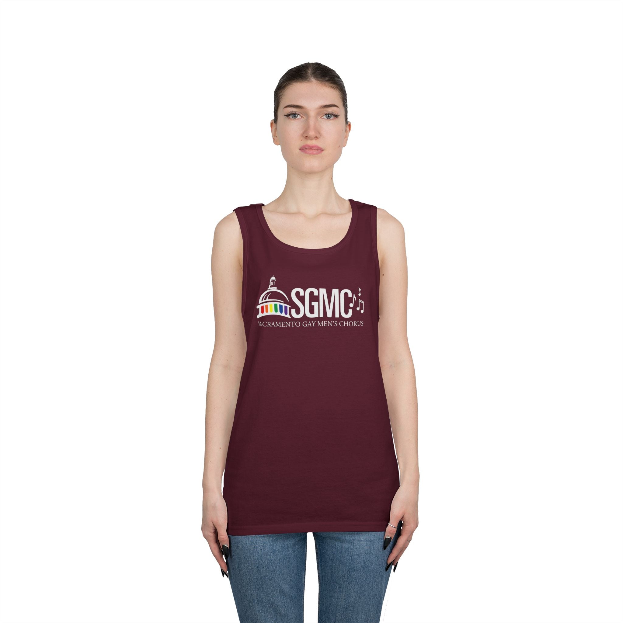 Woman wearing a maroon tank top with white SGMC Logo