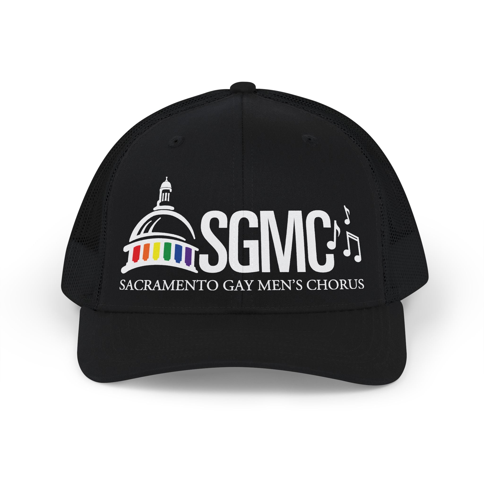 Black cap with 'SGMIC Sacramento Gay Men's Chorus' logo on a white background