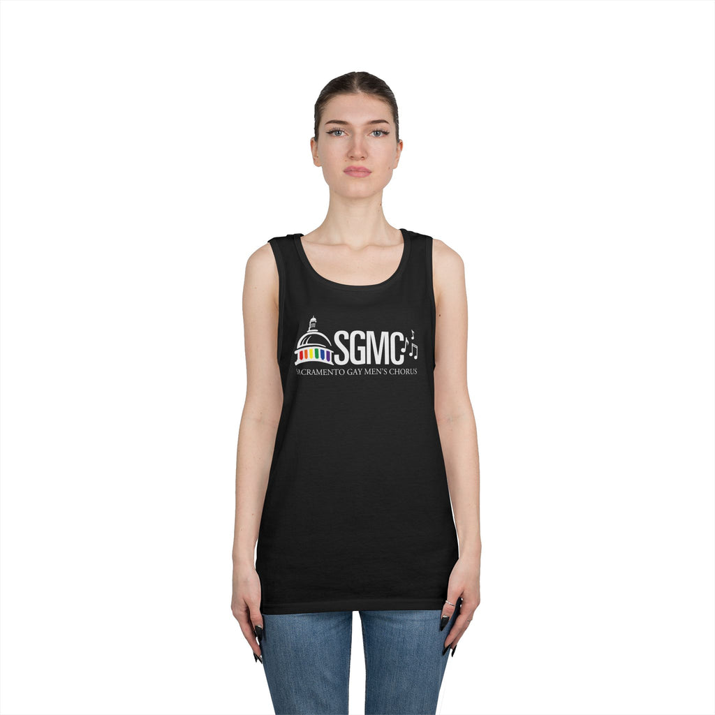 Person wearing a black tank top with a logo on a white background
