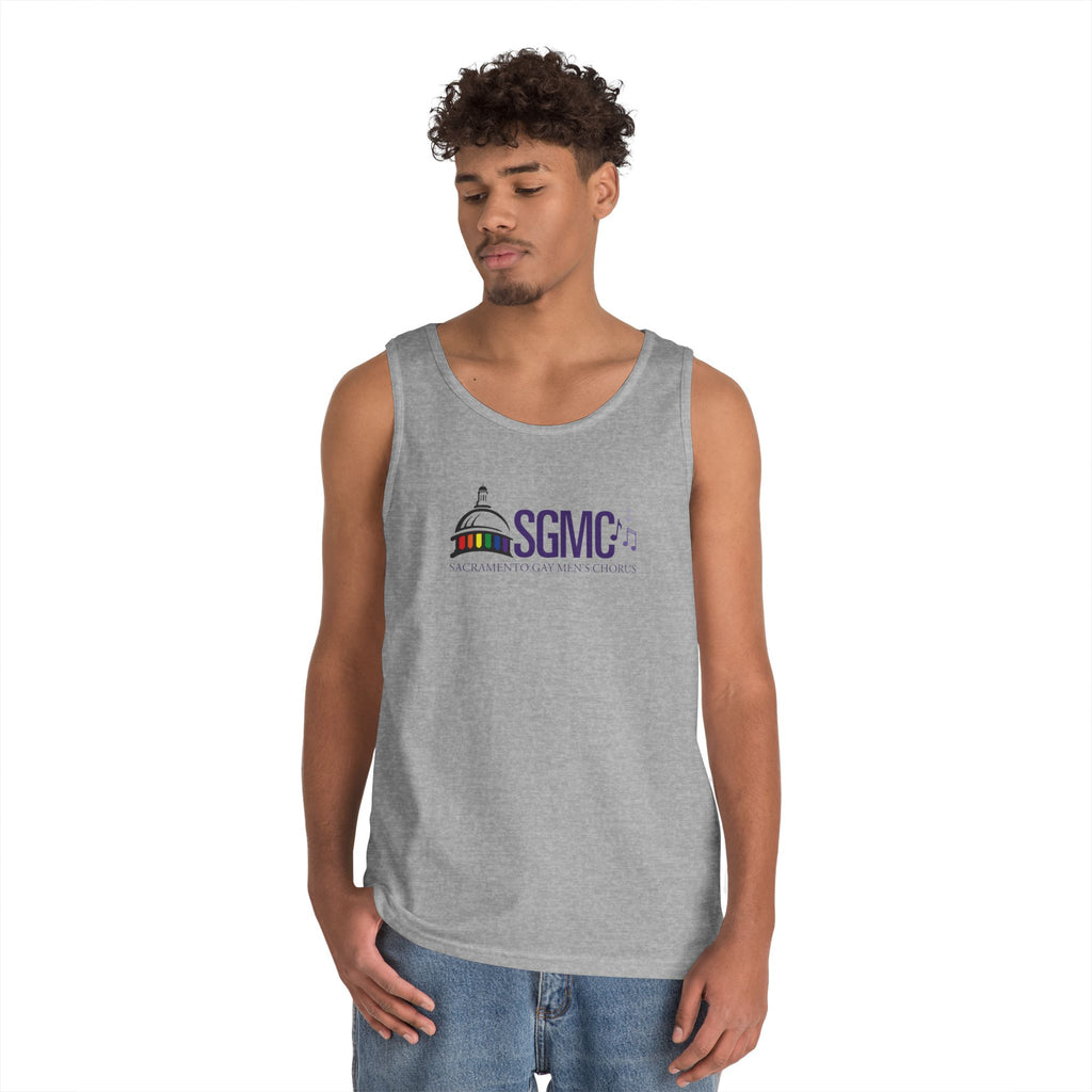 Man wearing a gray tank top with SGMC Color Logo