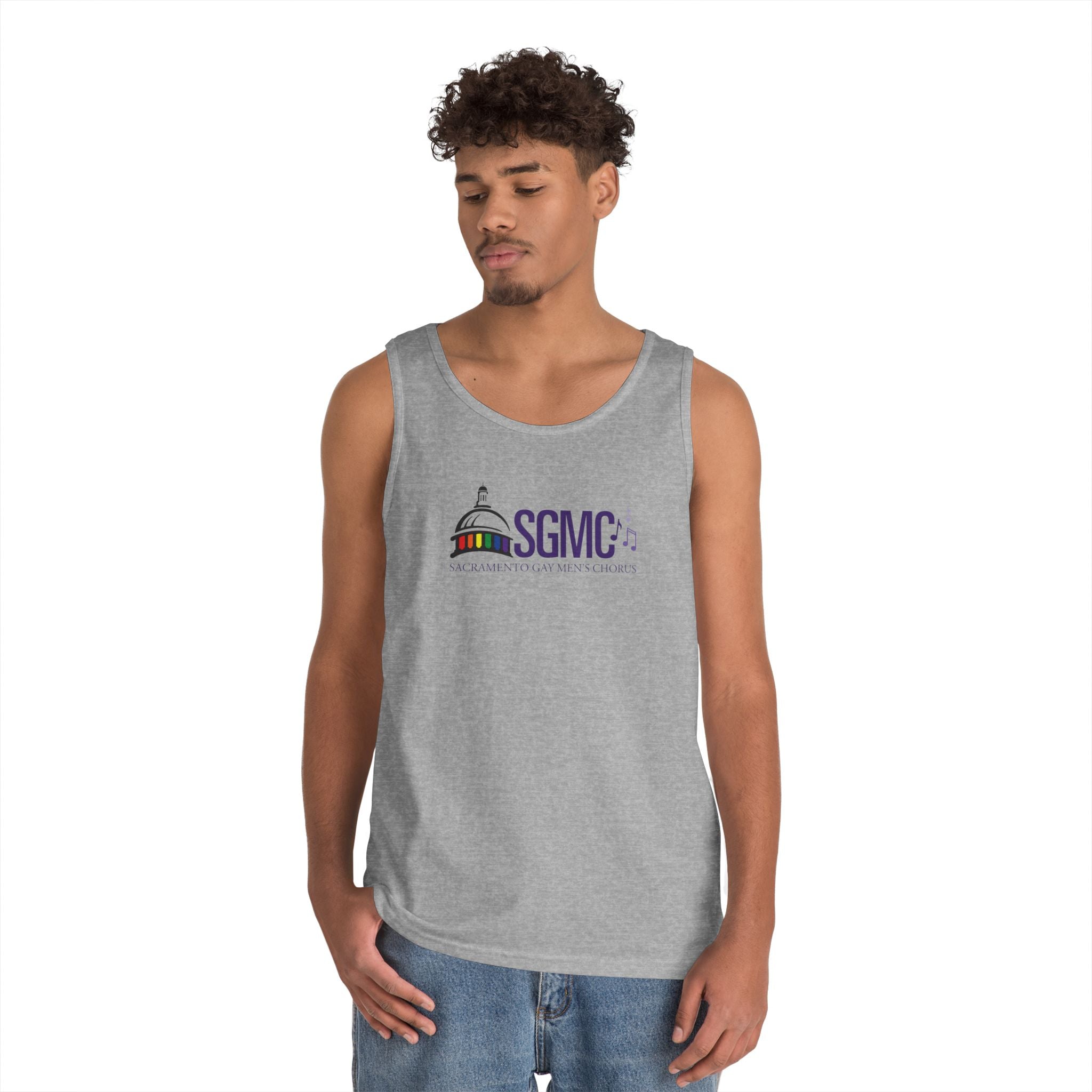 Man wearing a gray tank top with SGMC Color Logo