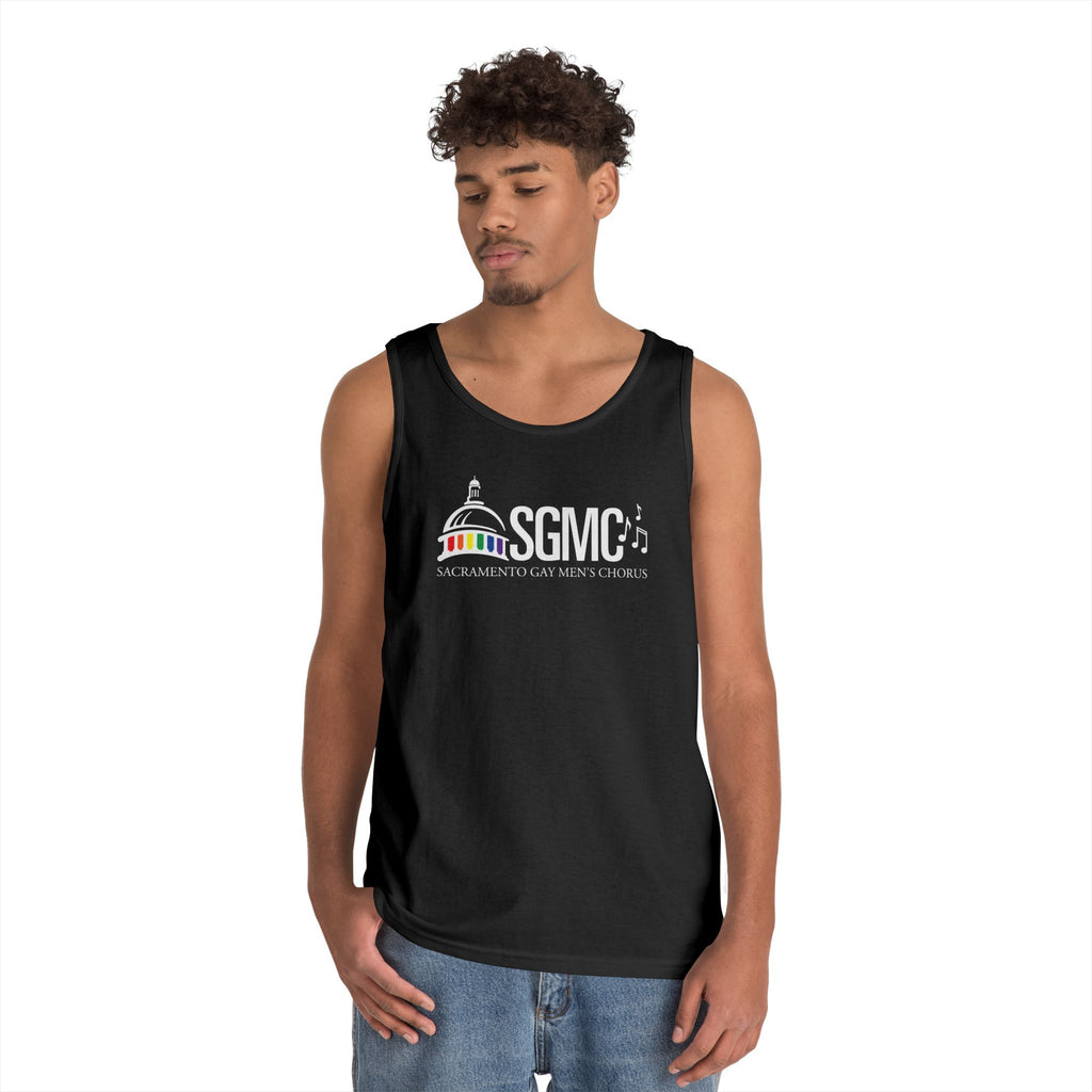 Person wearing a black tank top with colorful text on a white background