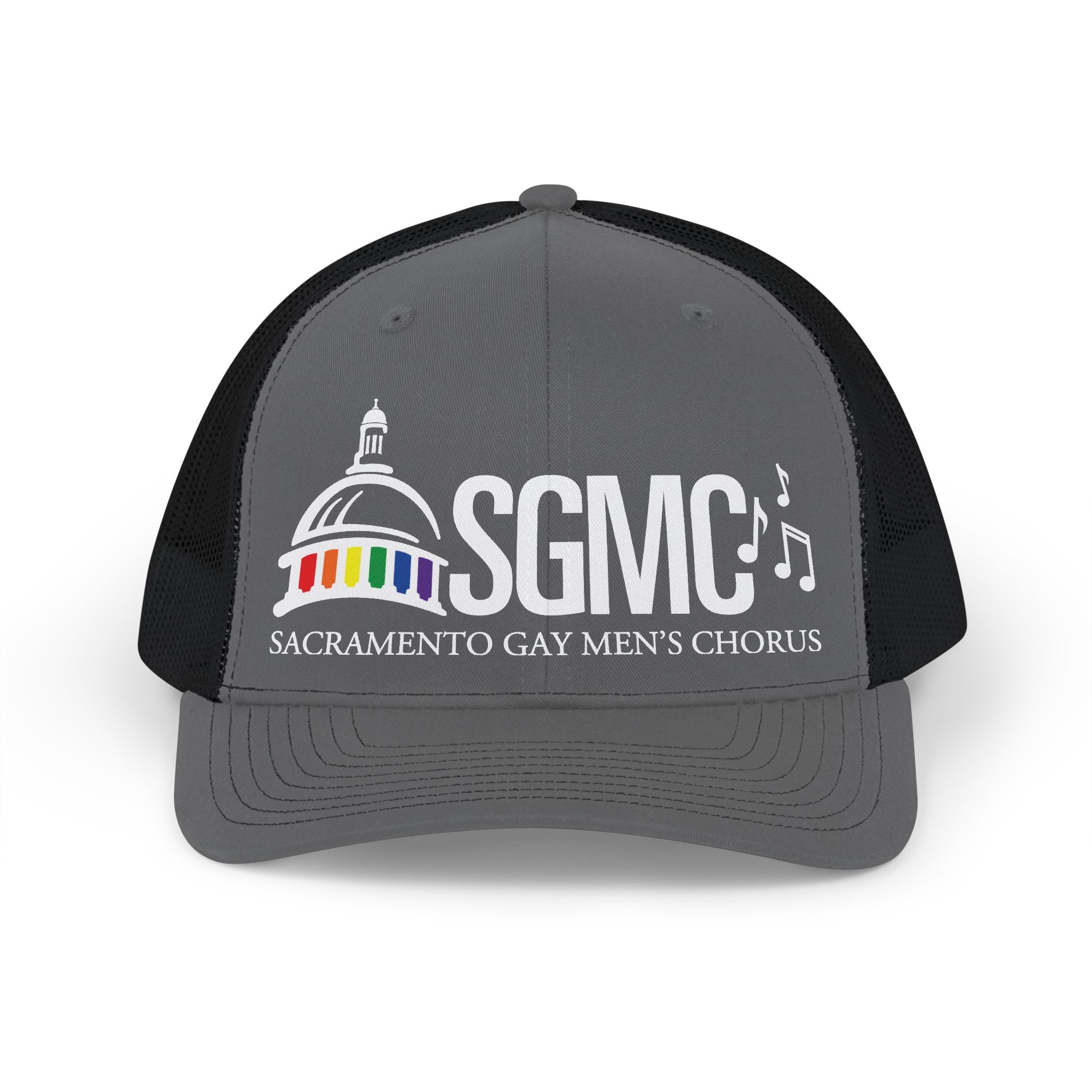 Gray and black cap with Sacramento Gay Men's Chorus logo on a white background