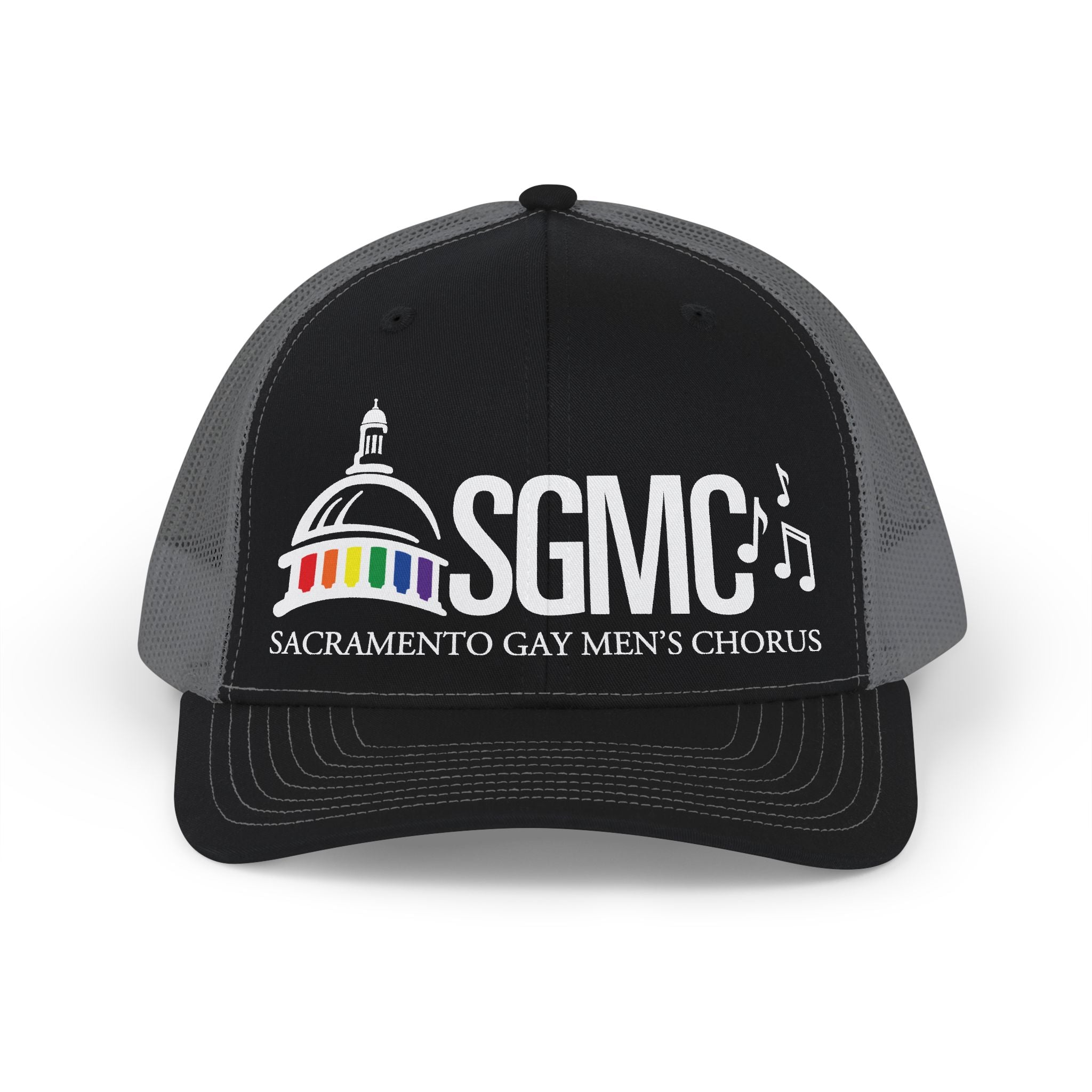 Black and gray cap with Sacramento Gay Men's Chorus logo on a white background