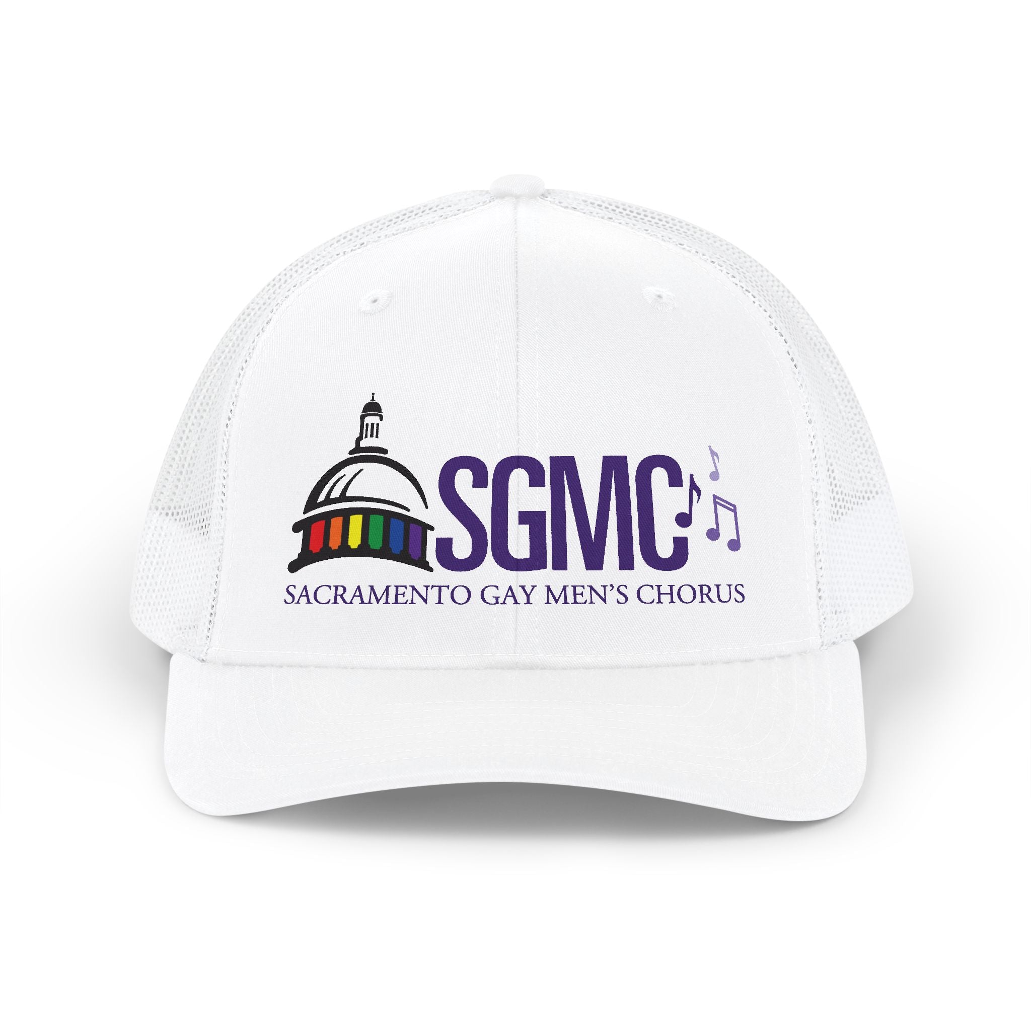 White cap with Sacramento Gay Men's Chorus logo on a white background