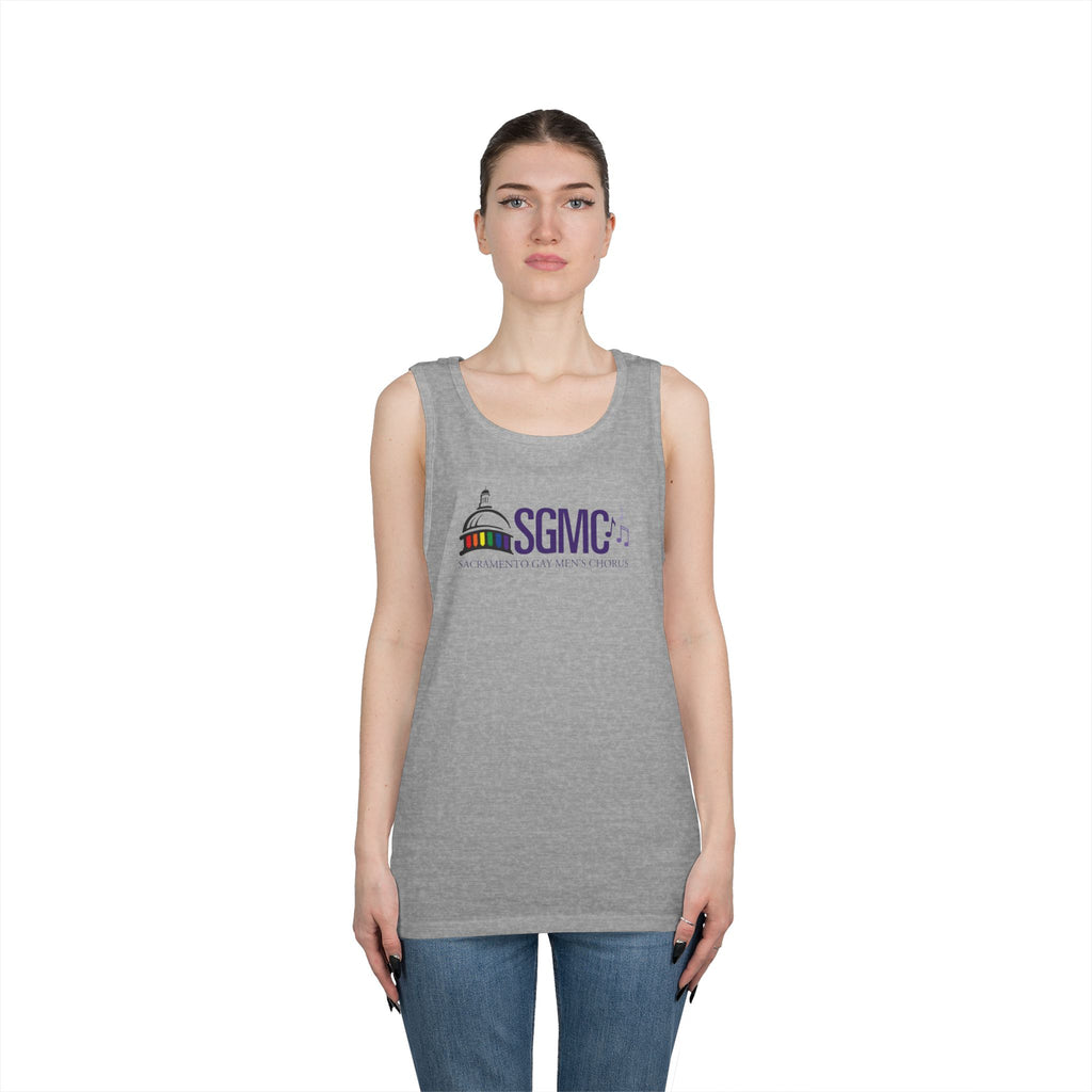 Woman wearing gray tank top with color SGMC Logo